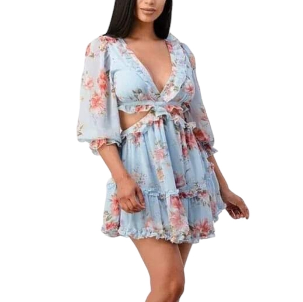 3/4 sleeve deep v-neckline cutout chiffon floral mini